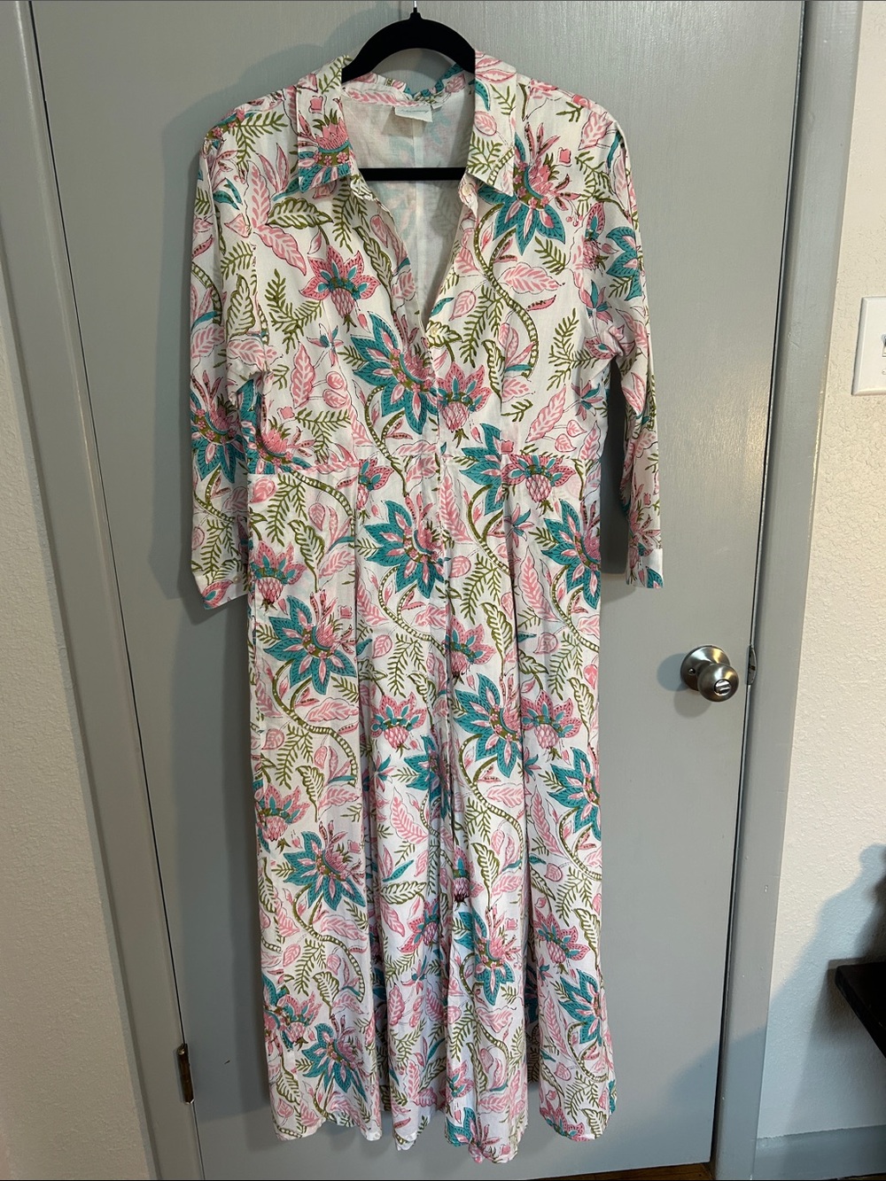 Julia Amory The JA Shirt Dress Floral Block Print Cotton Maxi L Pockets